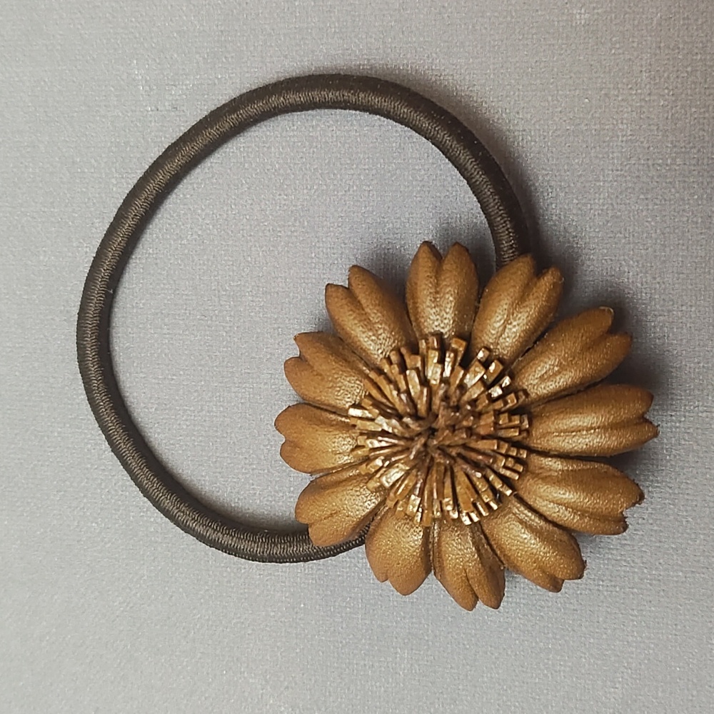1" Brown leather flower ponytail holder